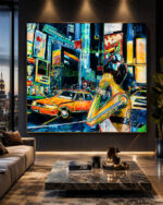 Color Your Life – originales Kunstwerk von Daniela Filippelli, 120 × 140 cm, Mischtechnik auf Leinwand. Farbenfrohe urbane New-York-Szene mit weiblicher Figur, Times Square, leuchtenden Neonfarben, Pop-Art-Elementen und versteckten Symbolen.