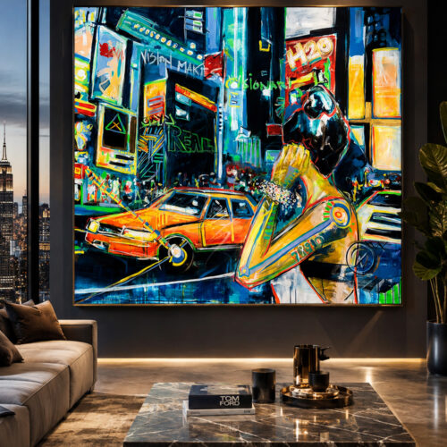 Color Your Life – originales Kunstwerk von Daniela Filippelli, 120 × 140 cm, Mischtechnik auf Leinwand. Farbenfrohe urbane New-York-Szene mit weiblicher Figur, Times Square, leuchtenden Neonfarben, Pop-Art-Elementen und versteckten Symbolen.