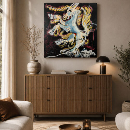 The Unicorn – abstraktes Einhorn Kunstwerk von Daniela Filippelli, Serie Heraldry