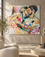 Ein farbenfrohes Acrylgemälde eines sich umarmenden Liebespaares vor türkisfarbenem Meer mit Rosenblättern, einer aufblühenden Rose und ausdrucksstarken Schriftzügen über Liebe, Vertrauen und Echtheit.