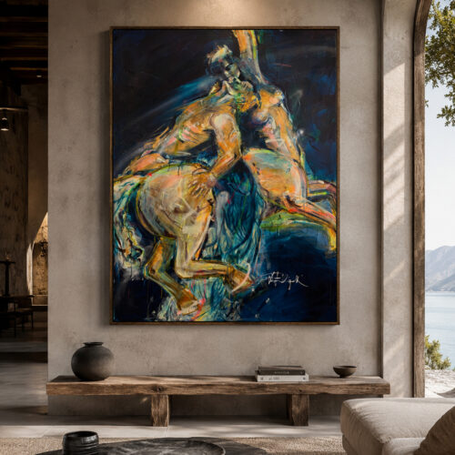 RUN BABY – zeitgenössisches figuratives Kunstwerk von Daniela Filippelli. Eine symbolische Darstellung von Liebe, Loslassen, innerer Stärke und Freiheit.