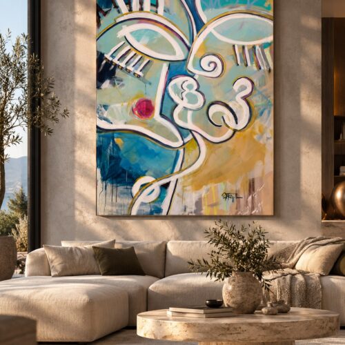 The Kiss – abstraktes Kunstwerk von Daniela Filippelli im modernen Wohnzimmer