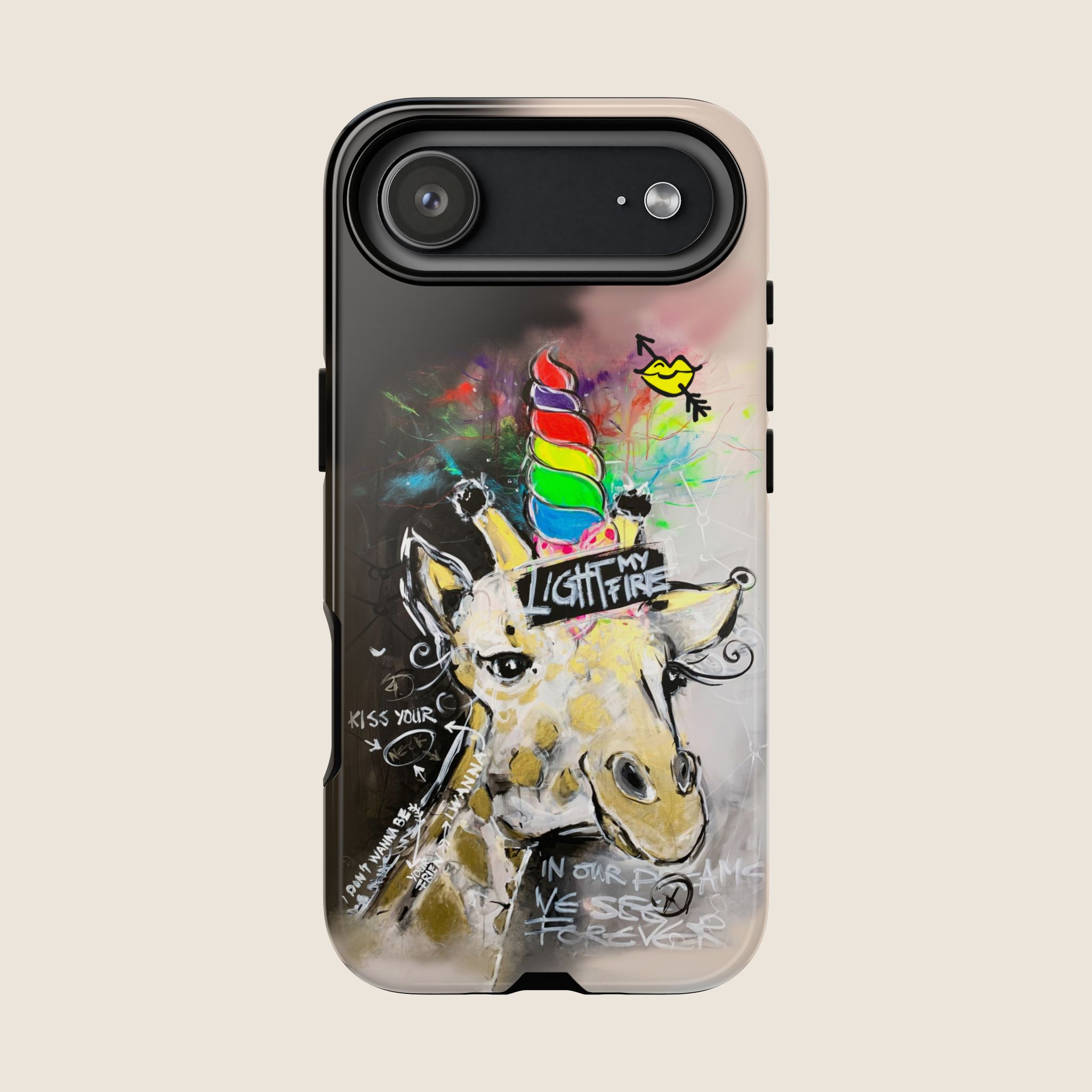 Tough Phone Case – Pop-Art Giraffe „Light My Fire“ | Rainbow Unicorn Horn | Schutzhuelle Pop-Art Giraffe Handyhuelle, Rainbow Unicorn Horn, Light my fire, farbenfrohes Tough Case