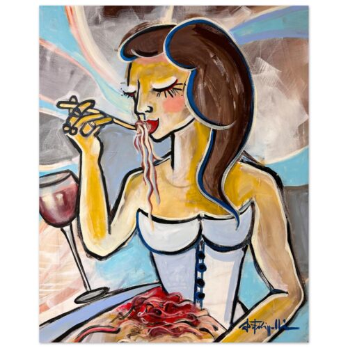 Pop-Art-Porträt „Dolce Vita“ von Daniela Filippelli – Frau geniesst Pasta und Wein, moderne, farbenfrohe Komposition voller Lebensfreude