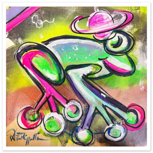 Farbenfrohes Frosch-Artwerk „Kambositolino“ von Daniela Filippelli – moderne, verspielte Komposition mit Neonakzenten und dynamischen Linien