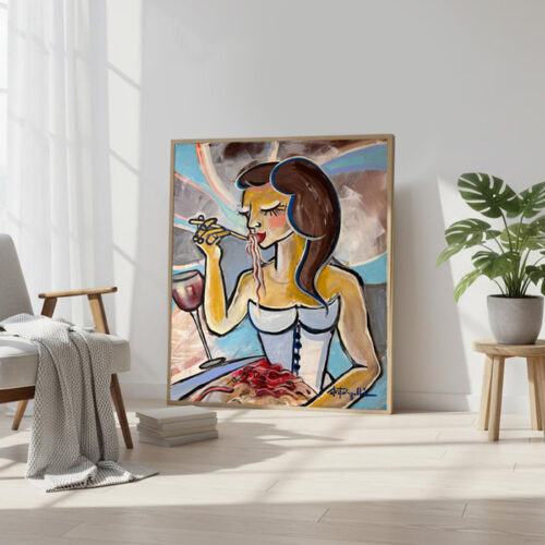 Pop-Art-Porträt „Dolce Vita“ von Daniela Filippelli – Frau geniesst Pasta und Wein, moderne, farbenfrohe Komposition voller Lebensfreude