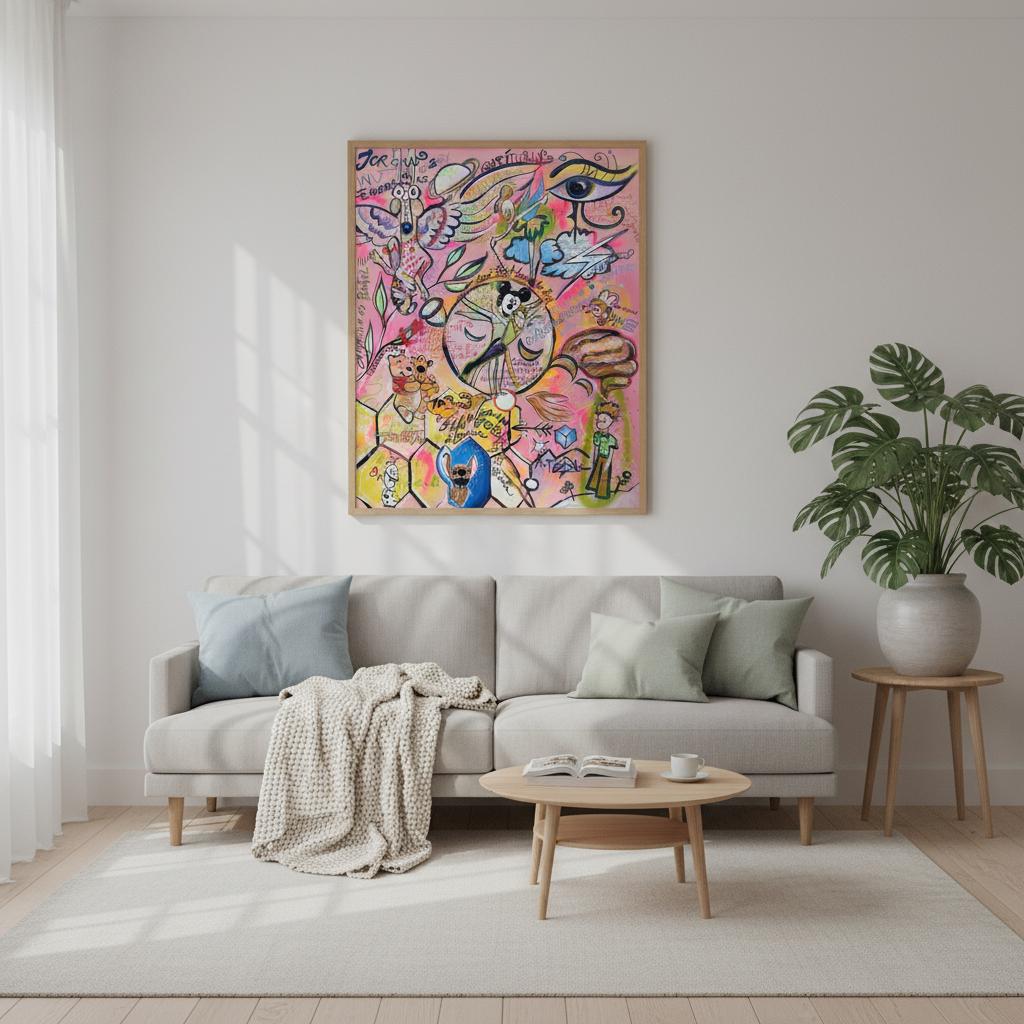 Manifestationsboard – Daniela Filippelli Artwork Manifestationsboard Kunstwerk von Daniela Filippelli mit Affirmationen, Figuren und farbintensiver Symbolik