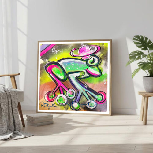 Farbenfrohes Frosch-Artwerk „Kambositolino“ von Daniela Filippelli – moderne, verspielte Komposition mit Neonakzenten und dynamischen Linien
