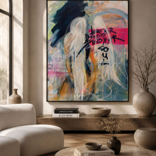 Lose Your Mind. Find Your Soul by Daniela Filippelli – expressive contemporary artwork featuring an angel with white wings, abstract colour layers and graffiti-inspired typography, symbolising transformation, inner strength and the journey back to oneself.