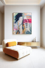 Abstraktes Gemälde eines Engels von hinten mit Flügeln, in ausdrucksstarken Farbschichten und Schrift „Lose your mind find your soul“, moderne Kunst von Daniela Filippelli