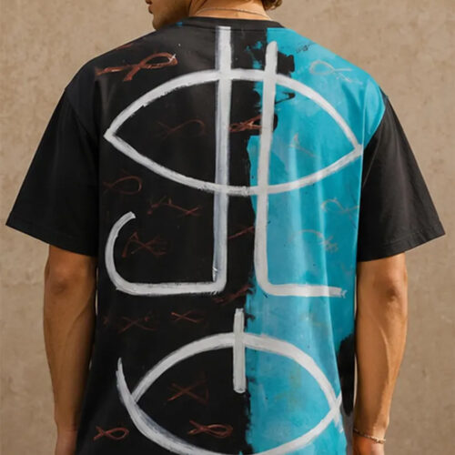 Abstract White Line Art Tee | Black All-Over Print