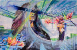 Nobody Knows You Are a Dog – zeitgenössisches Kunstwerk von Daniela Filippelli mit einer Frau mit Augenbinde, Magnolien, abstrakten Elementen und Symbolen zwischen Natur, Technologie und digitaler Identität.