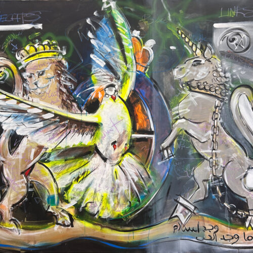 Abstraktes Gemälde „Who Gets the Wings?“ von Daniela Filippelli mit gekröntem Löwen, Einhorn in Ketten und fliegender Taube als Symbole für Macht, Freiheit und Frieden.