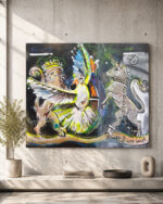 Abstraktes Gemälde „Who Gets the Wings?“ von Daniela Filippelli mit gekröntem Löwen, Einhorn in Ketten und fliegender Taube als Symbole für Macht, Freiheit und Frieden.