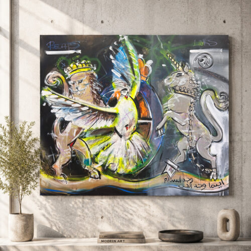 Abstraktes Gemälde „Who Gets the Wings?“ von Daniela Filippelli mit gekröntem Löwen, Einhorn in Ketten und fliegender Taube als Symbole für Macht, Freiheit und Frieden.
