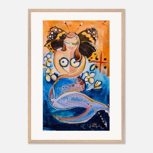 Mermaid in Butterfly Flight – colorful contemporary painting by Daniela Filippelli featuring a mermaid, butterflies and flowers in vibrant blue and orange tones.