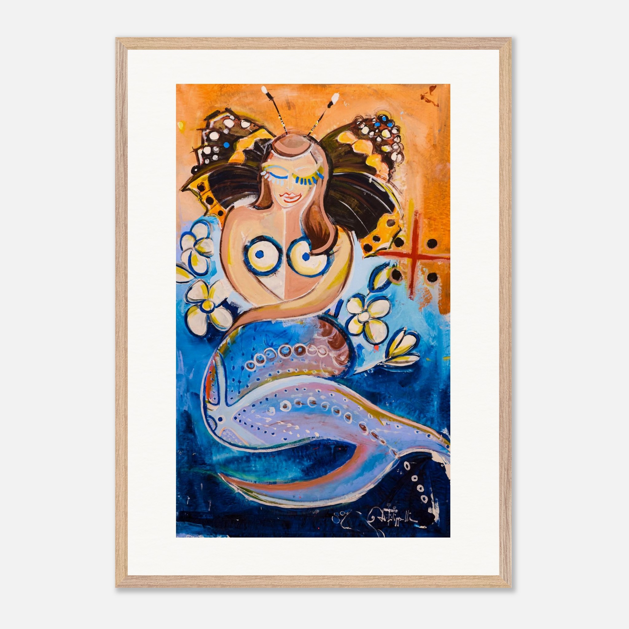 Mermaid in Butterfly Flight Mermaid in Butterfly Flight – colorful contemporary painting by Daniela Filippelli featuring a mermaid, butterflies and flowers in vibrant blue and orange tones.
