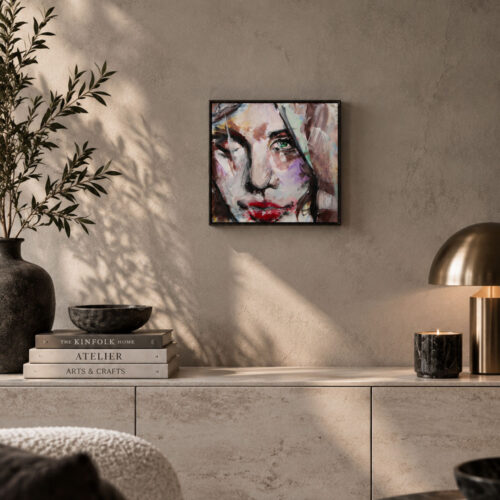 WINK – Scars to Your Beautiful von Daniela Filippelli, expressives Frauenportrait in Acryl auf Leinwand, 30 × 30 cm, mit einem geöffneten grünen Auge und einem zwinkernden Auge.