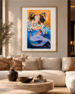 Mermaid in Butterfly Flight – colorful contemporary painting by Daniela Filippelli featuring a mermaid, butterflies and flowers in vibrant blue and orange tones.