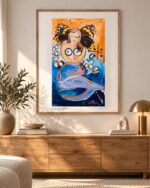 Mermaid in Butterfly Flight – colorful contemporary painting by Daniela Filippelli featuring a mermaid, butterflies and flowers in vibrant blue and orange tones.