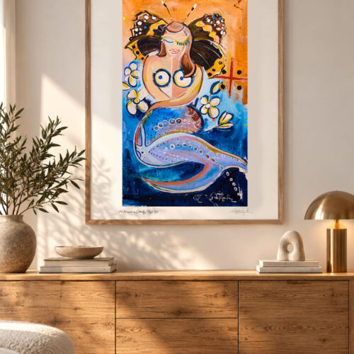 Mermaid in Butterfly Flight – colorful contemporary painting by Daniela Filippelli featuring a mermaid, butterflies and flowers in vibrant blue and orange tones.