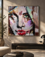 WINK – Scars to Your Beautiful von Daniela Filippelli, expressives Frauenportrait in Acryl auf Leinwand, 30 × 30 cm, mit einem geöffneten grünen Auge und einem zwinkernden Auge.
