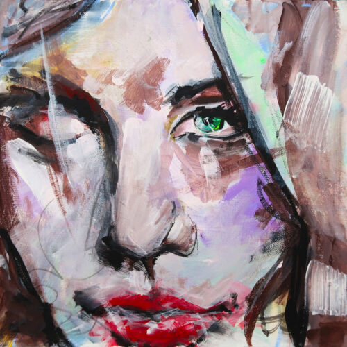WINK – Scars to Your Beautiful von Daniela Filippelli, expressives Frauenportrait in Acryl auf Leinwand, 30 × 30 cm, mit einem geöffneten grünen Auge und einem zwinkernden Auge.