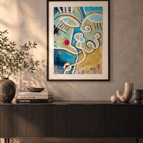 The Kiss – abstrakter Fine Art Print mit zwei küssenden Gesichtern von Daniela Filippelli